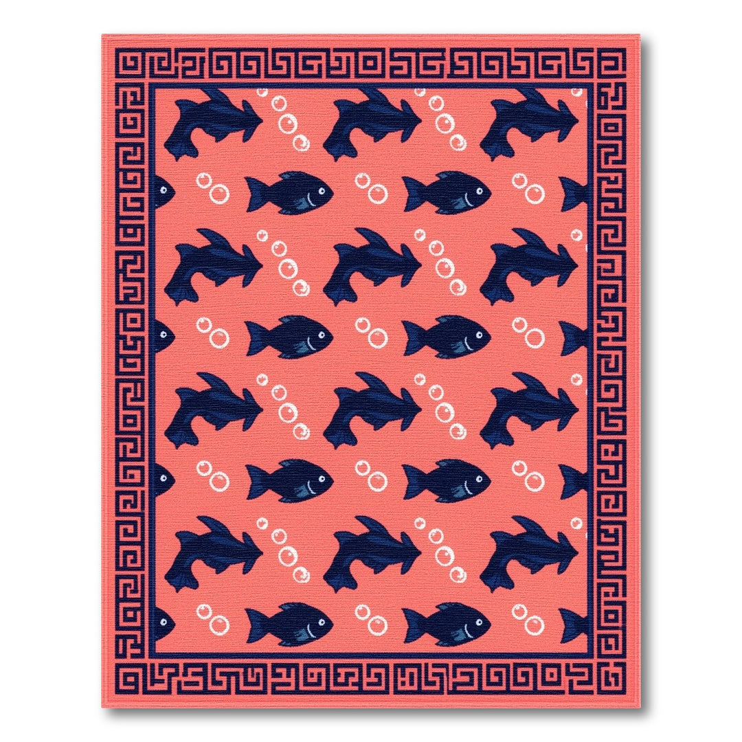 Coral Red Fish Area Rug with Navy Border