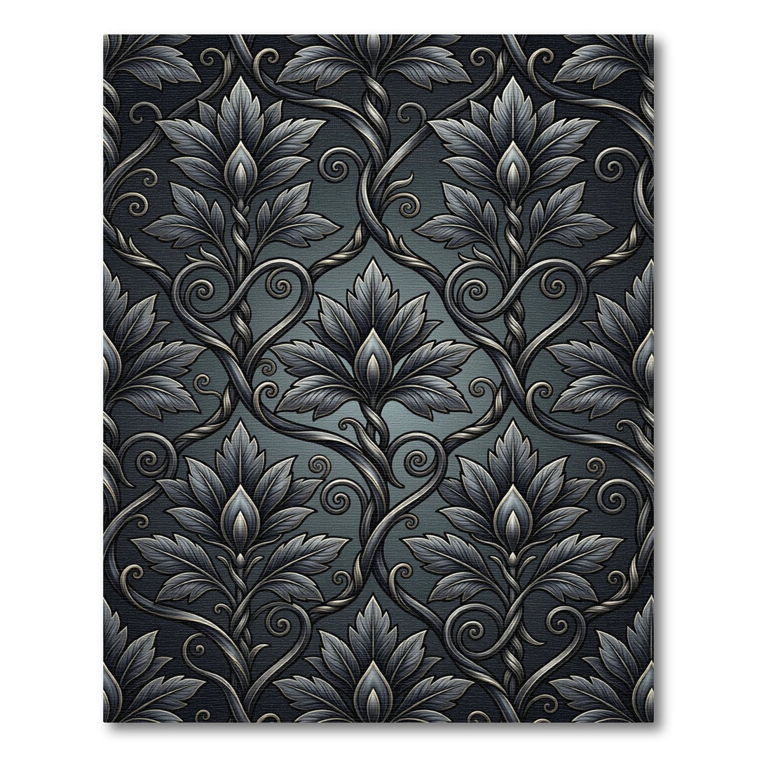 Ornate Dark Gray Floral Scroll Rug