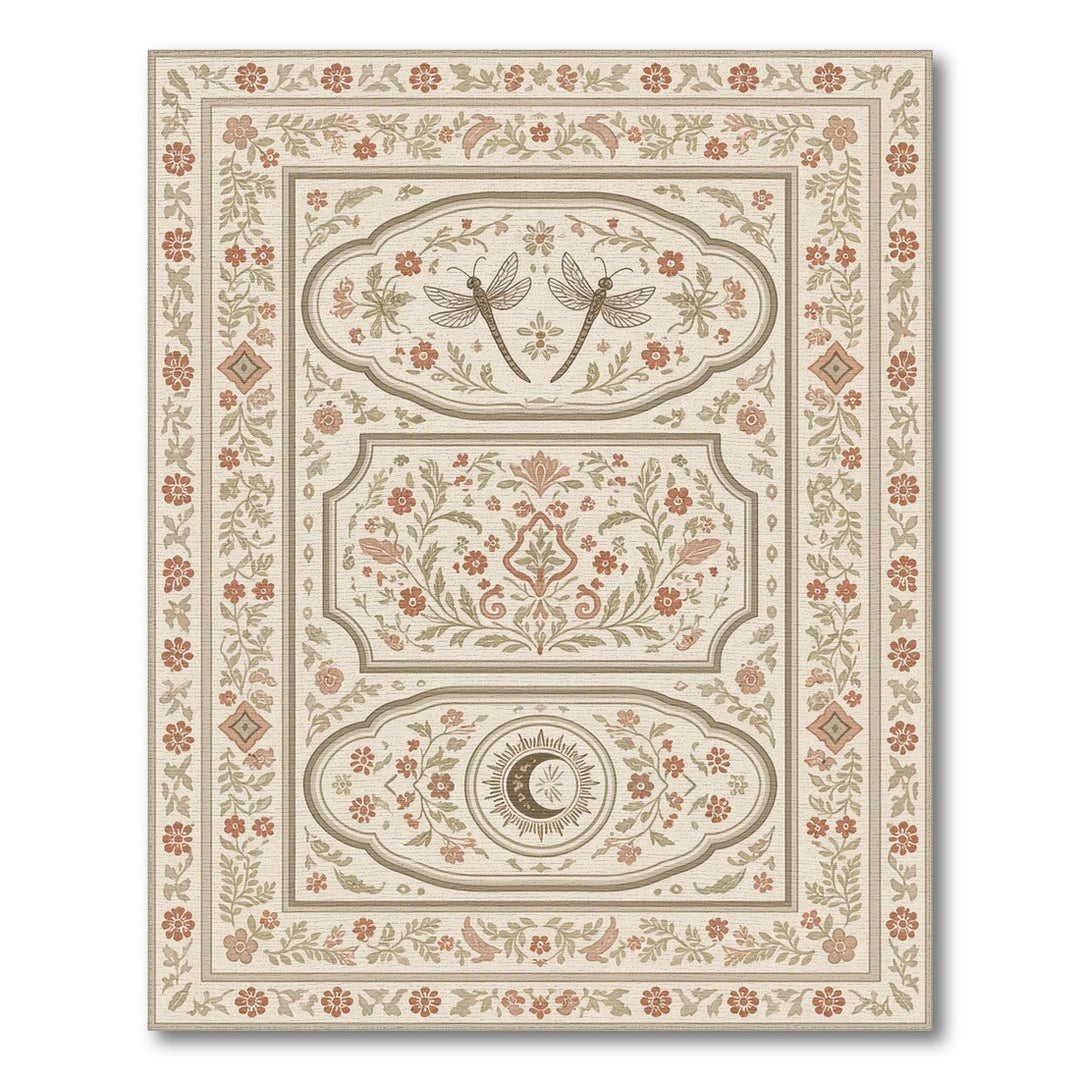 Beige Vintage Floral Dragonfly Area Rug