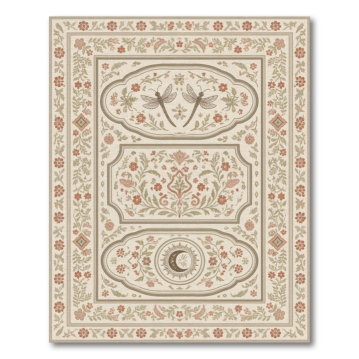 Beige Vintage Floral Dragonfly Area Rug
