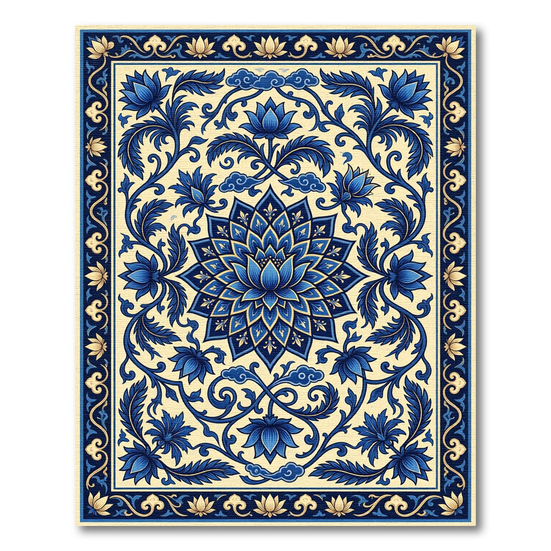Azure Blue Floral Medallion Border Rug