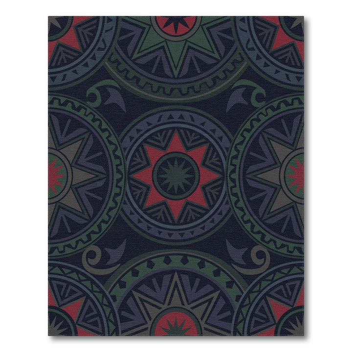 Dark Crimson Green Tribal Sunburst Medallion Rug