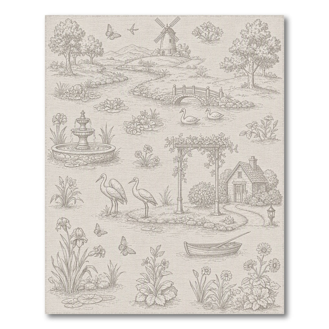 Black White Pastoral Toile Area Rug