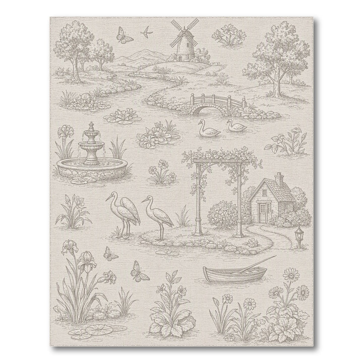 Black White Pastoral Toile Area Rug