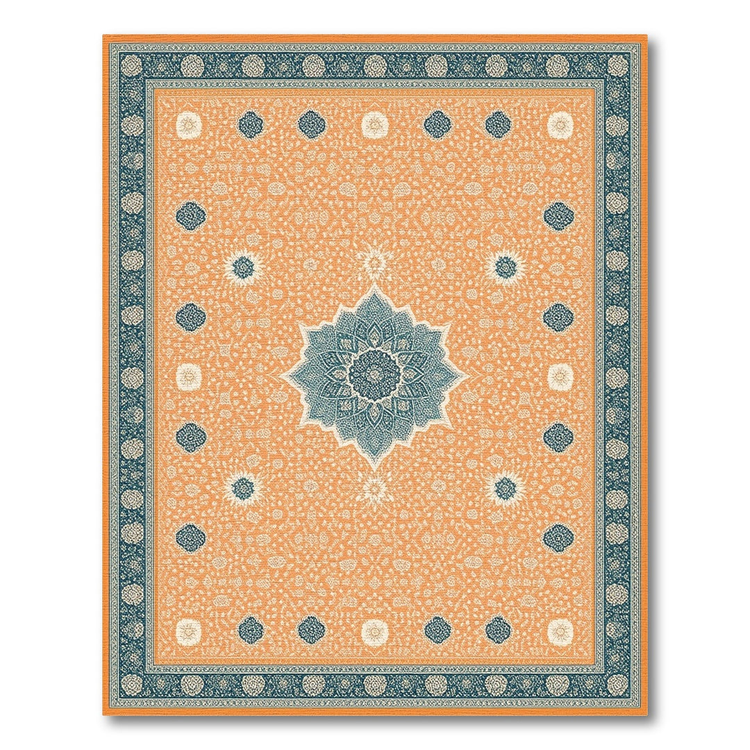 Orange Teal Medallion Traditional Persian Area Rug