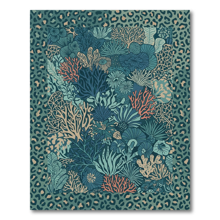 Teal Coral Garden Leopard Border Rug