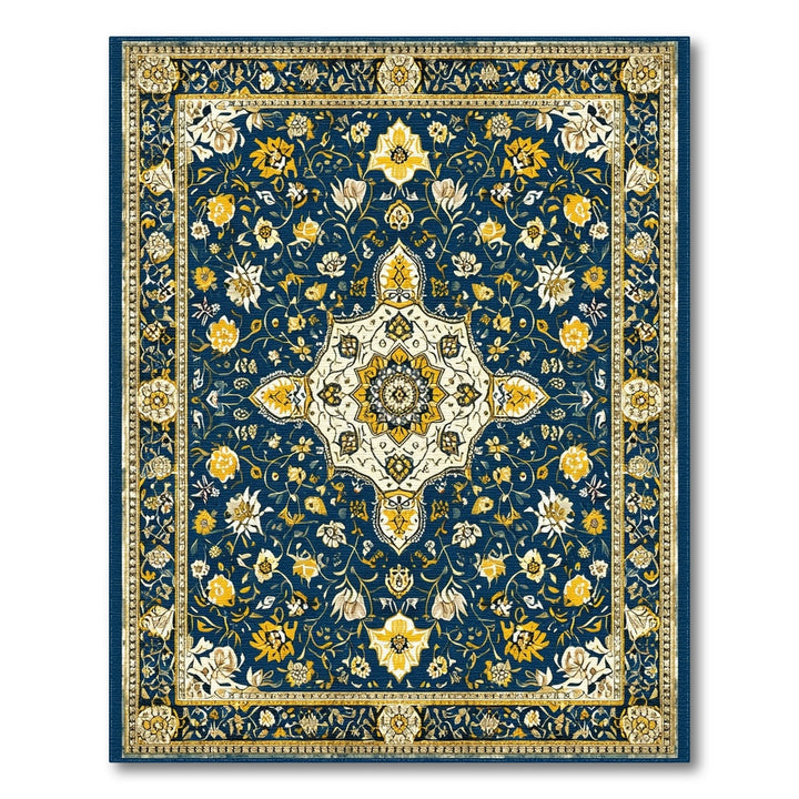 Navy Blue Gold Medallion Floral Persian Rug