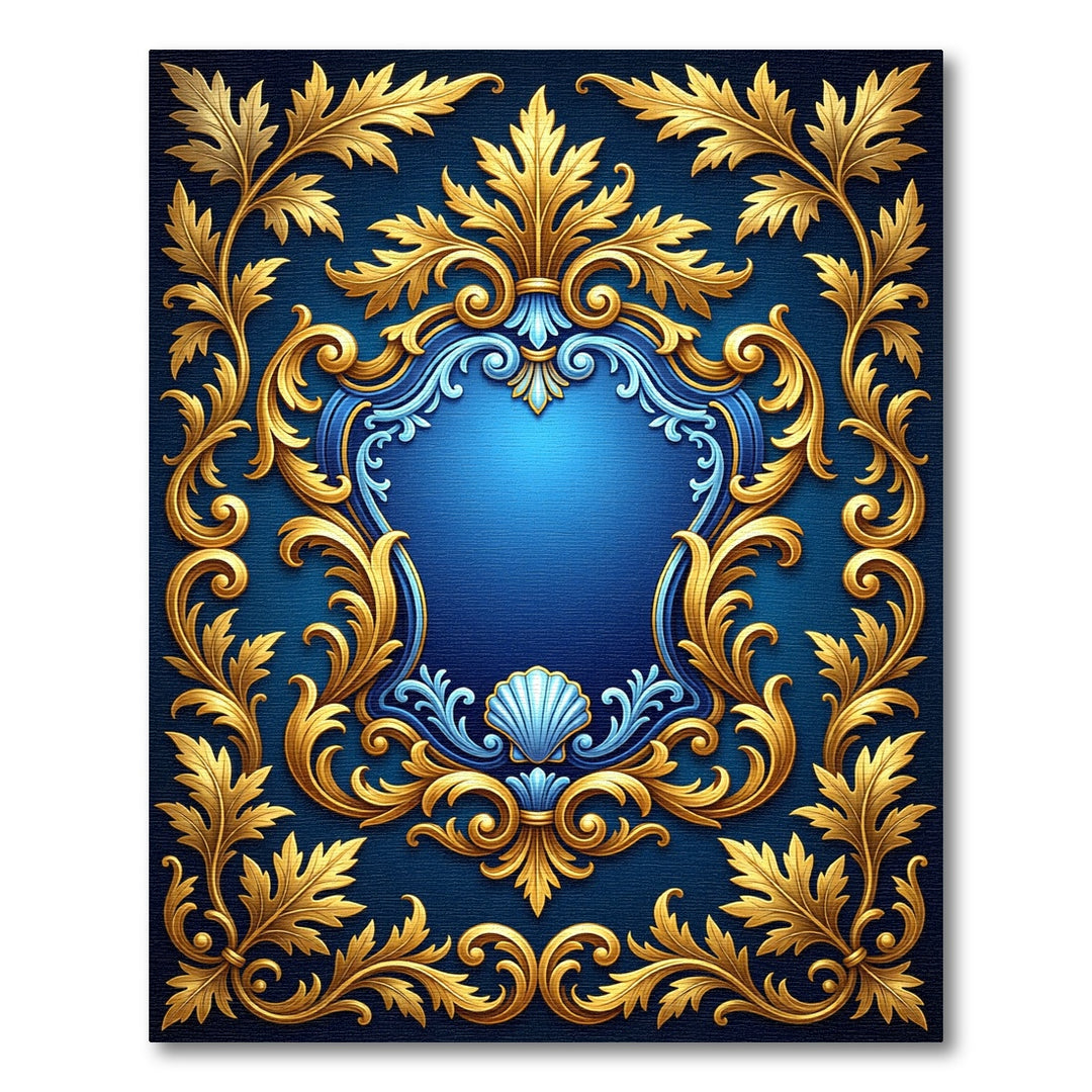 Gold Leaf Acanthus Scrollwork Blue Velvet Rug