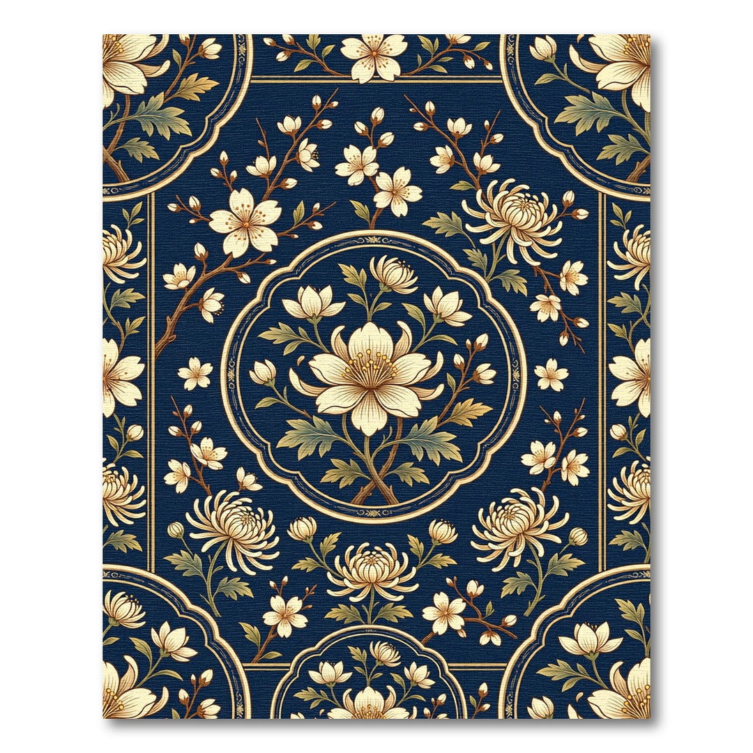 Navy Blue Floral Medallion Art Rug