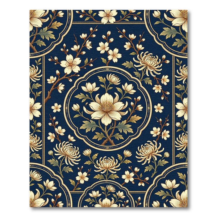 Navy Blue Floral Medallion Art Rug