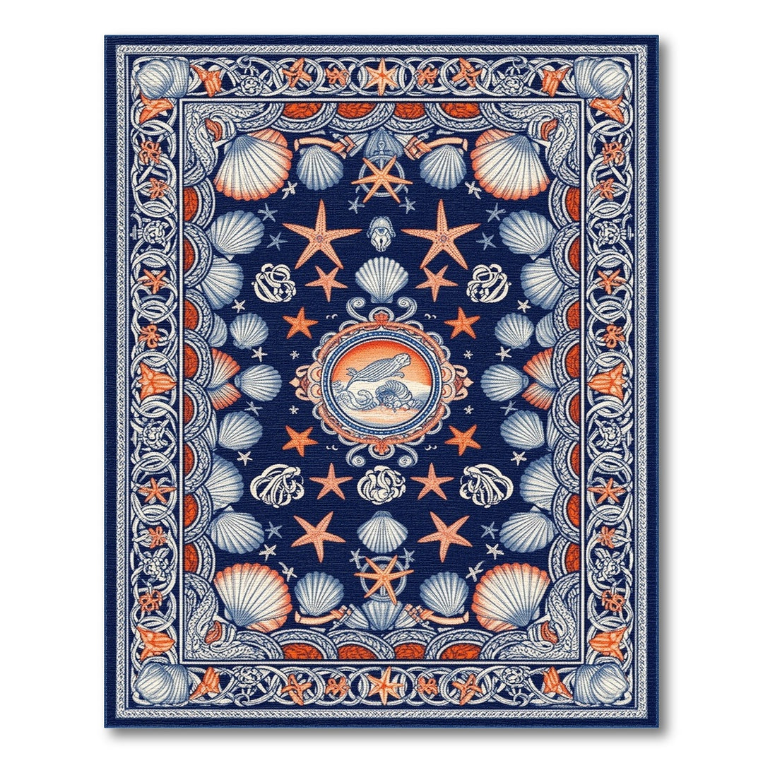 Navy Blue Coastal Seashell Starfish Area Rug