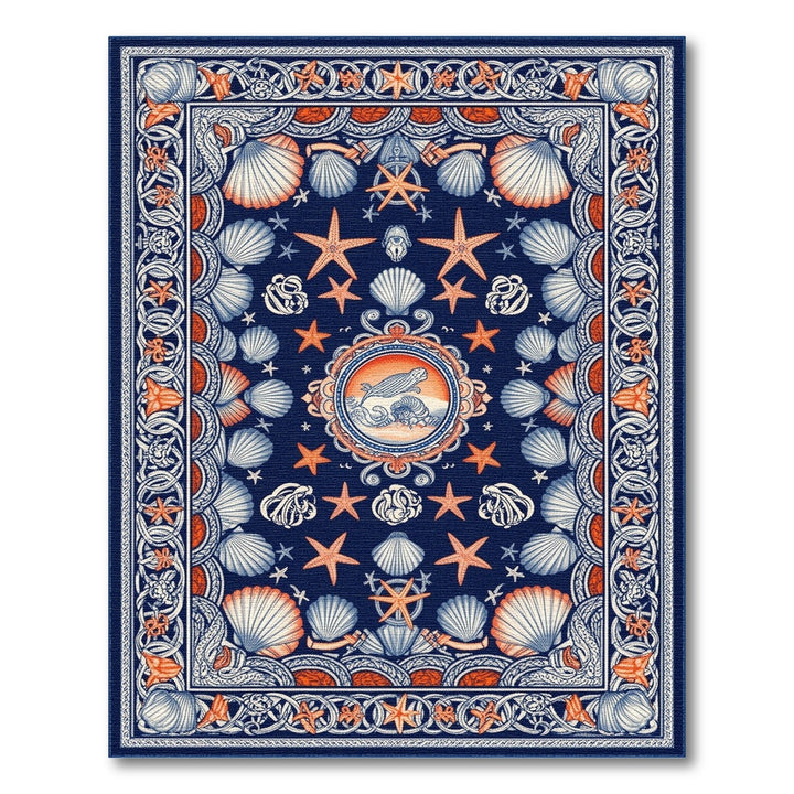 Navy Blue Coastal Seashell Starfish Area Rug