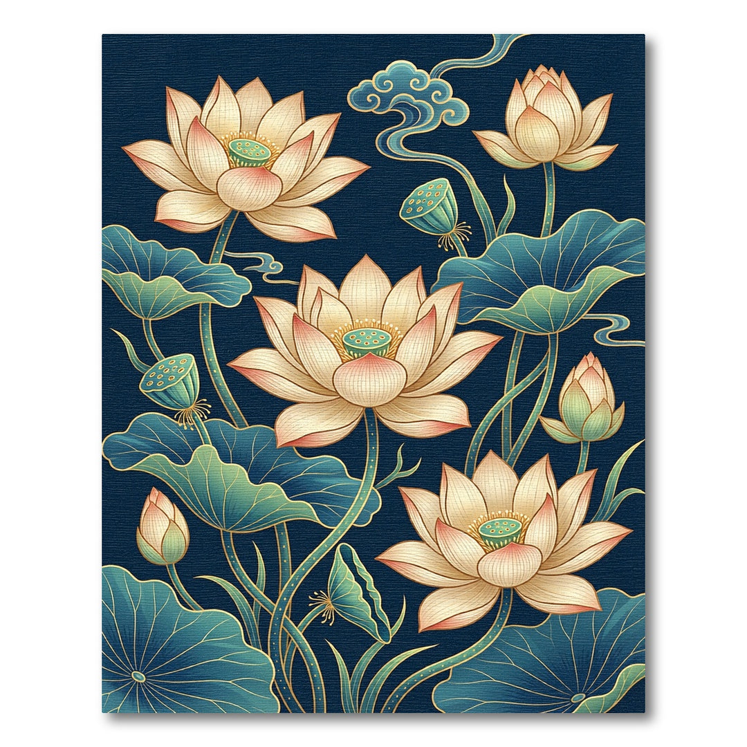 Elegant Lotus Flower Navy Rug