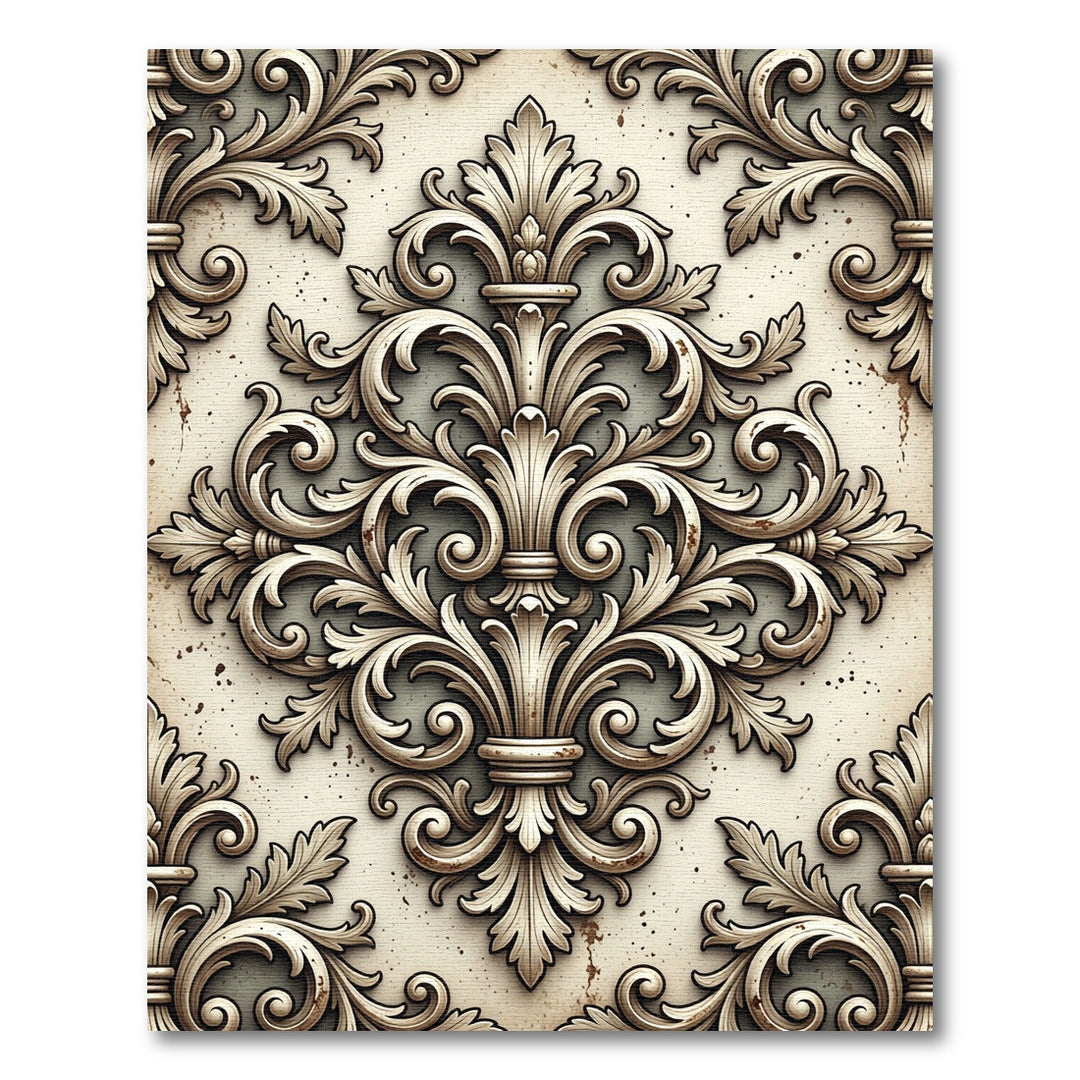 Ornate Ivory Fleur-De-Lis Relief Rug
