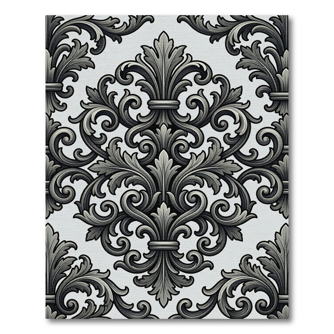 Elegant Charcoal Fleur-de-lis Scrollwork Rug