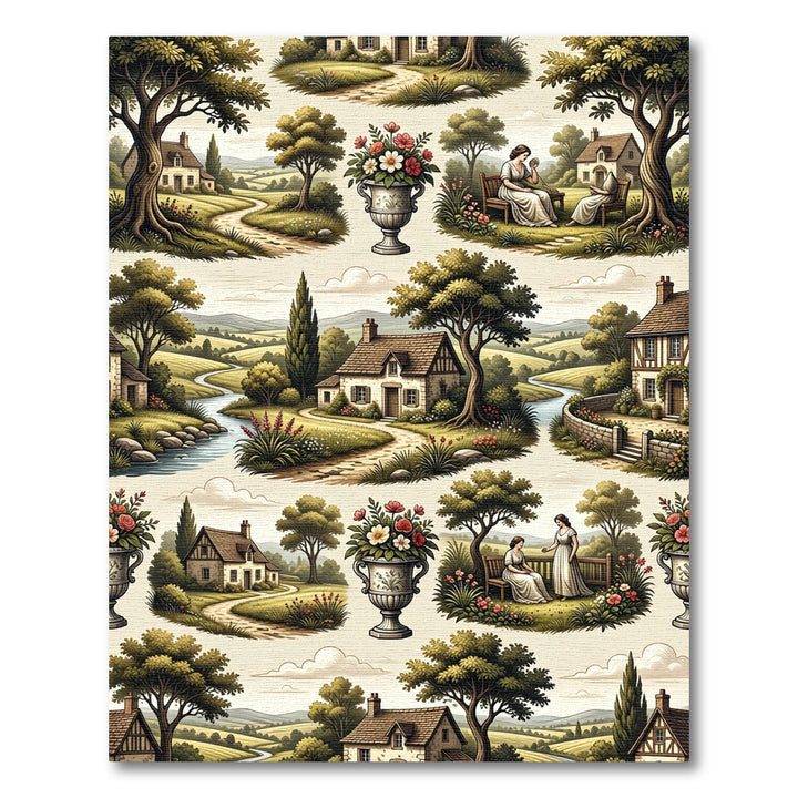 Pastoral Village Scene Floral Accent Rug