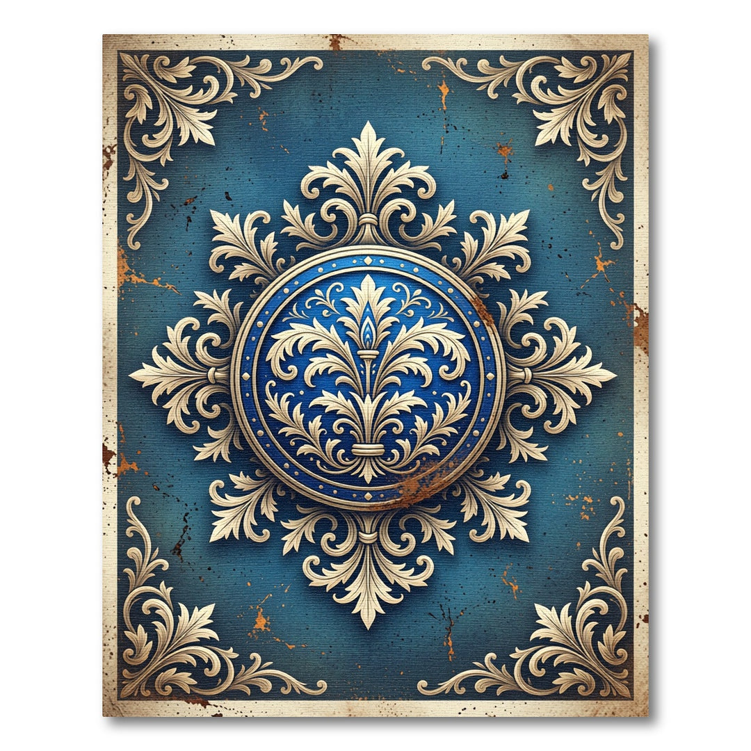 Ornate Blue and Gold Damask Rug