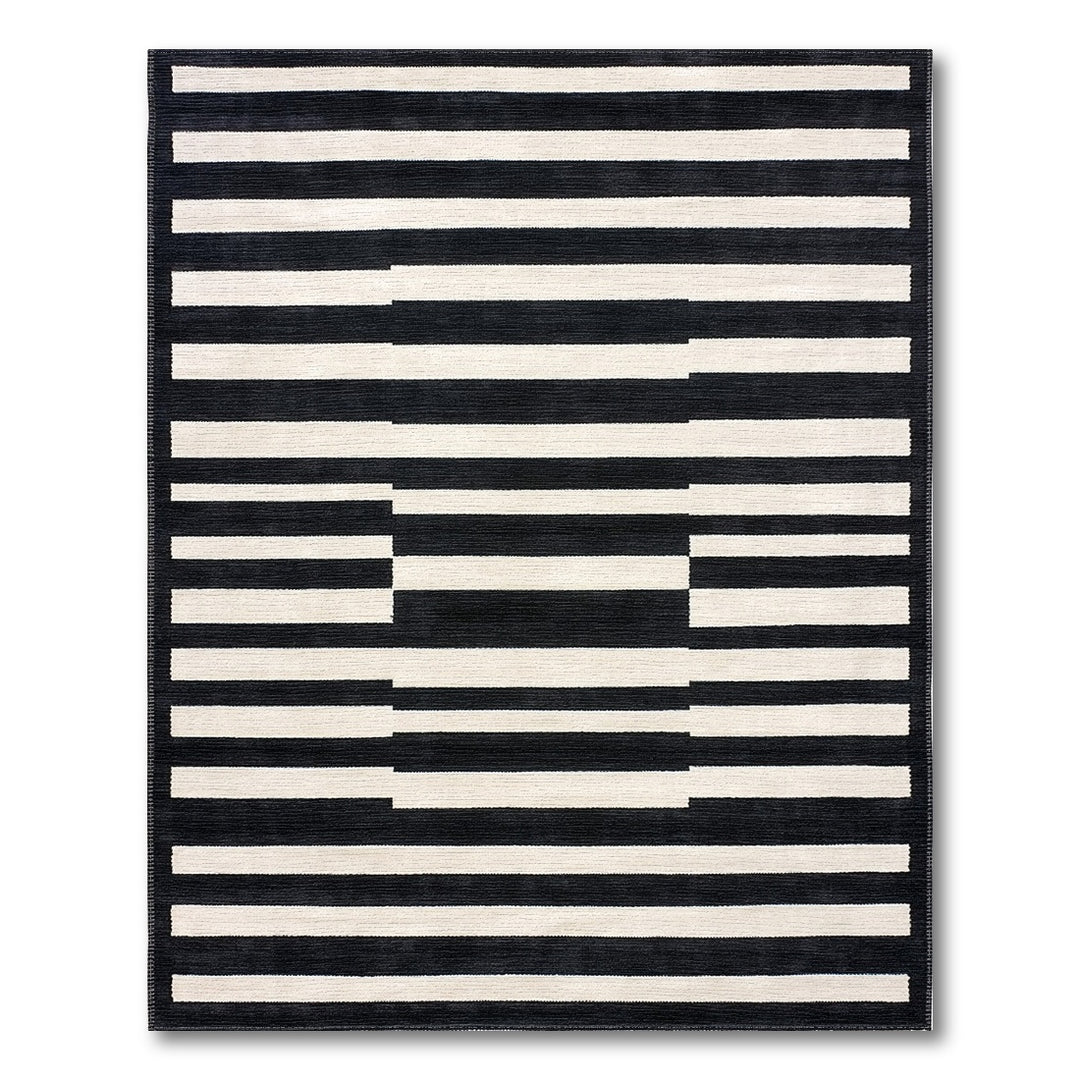 Black White Offset Stripe Geometric Area Rug