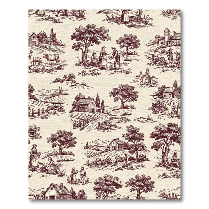 Vintage Rural Landscape Toile Scene Rug