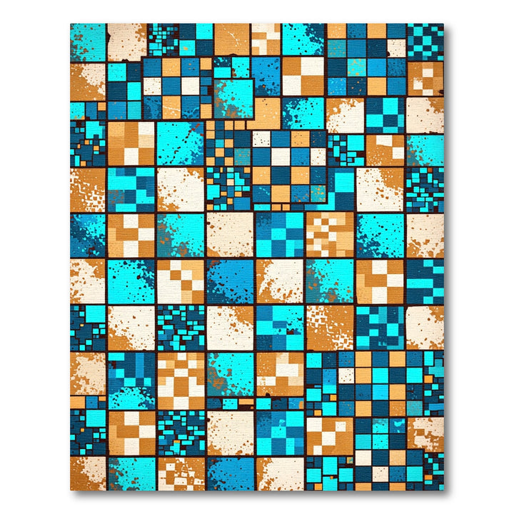 Abstract Blue Tan Checkerboard Splatter Rug