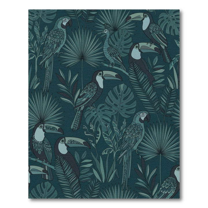 Deep Teal Tropical Bird Foliage Rug