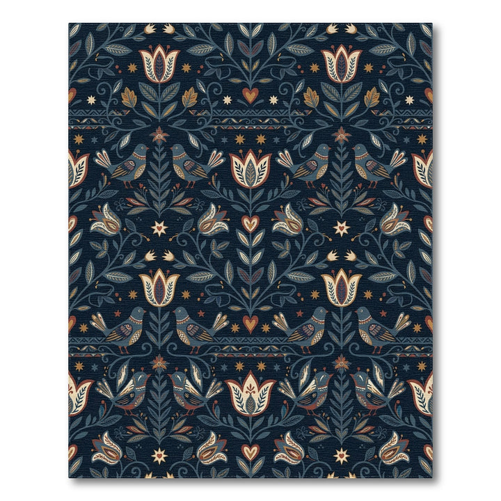 Navajo Blue Folk Floral Bird Medallion Rug
