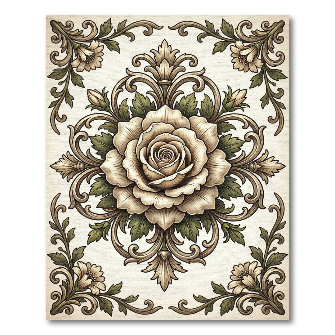 Cream Rose Floral Scrollwork Rug