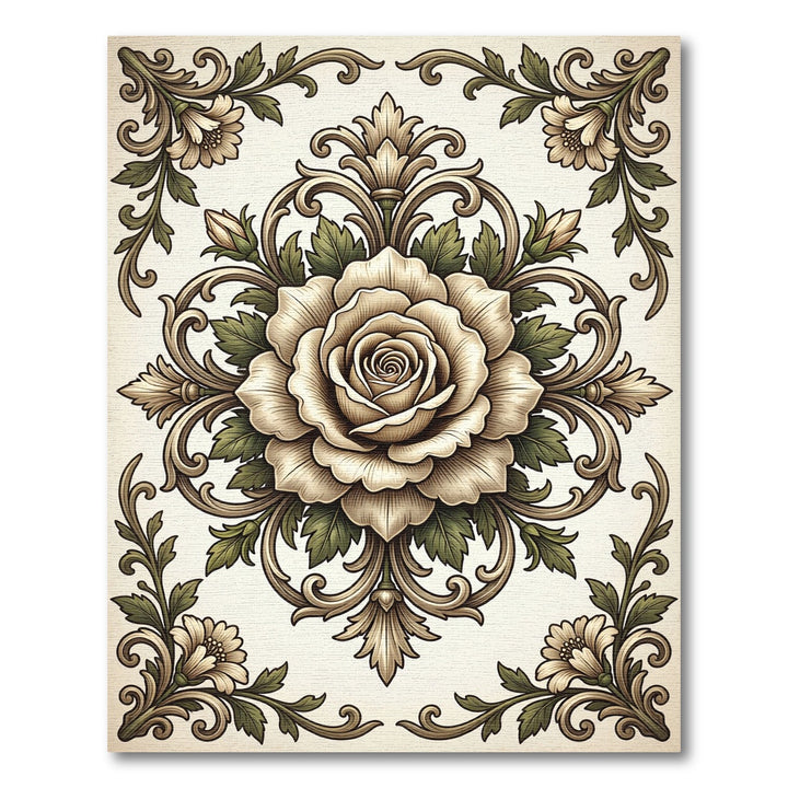Cream Rose Floral Scrollwork Rug
