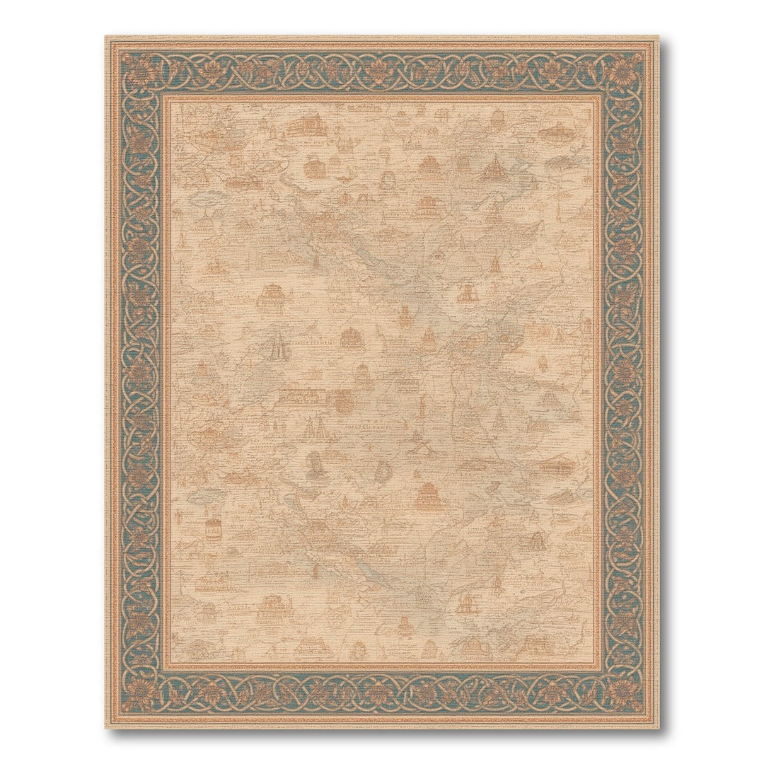 Vintage Map Area Rug with Teal Border