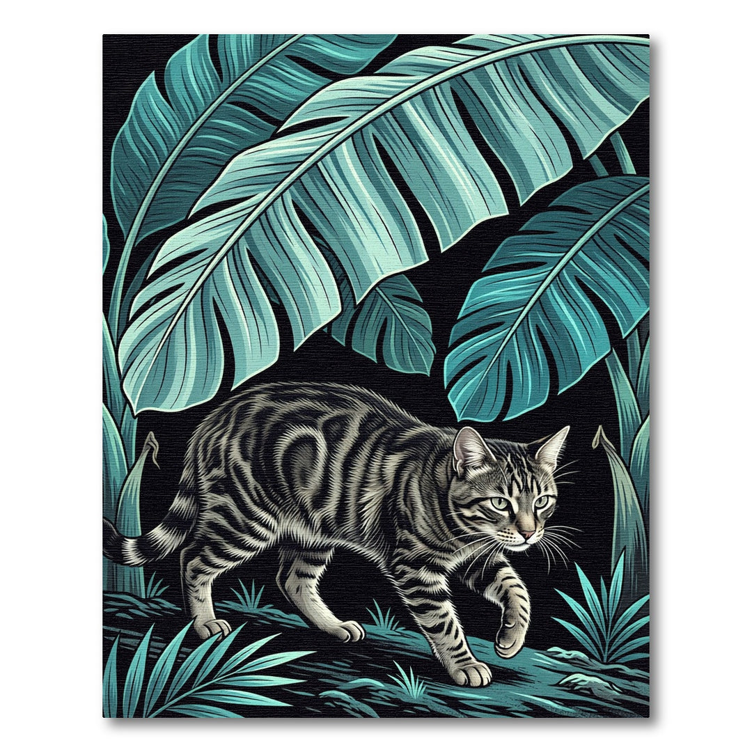 Tabby Cat Tropical Jungle Emerald Leaves Rug