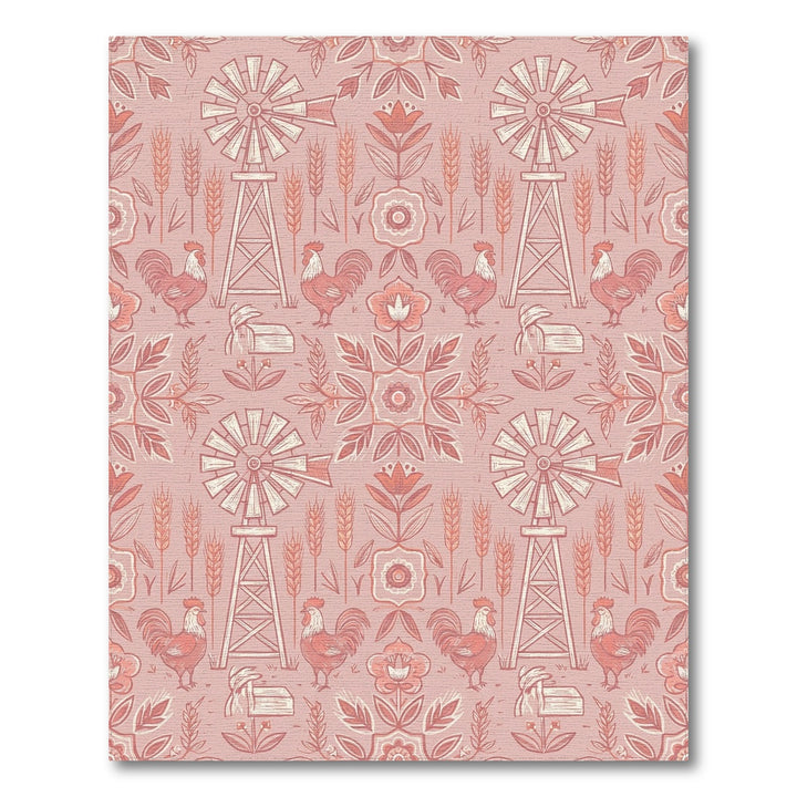 Farmhouse Pink Rooster Windmill Floral Rug