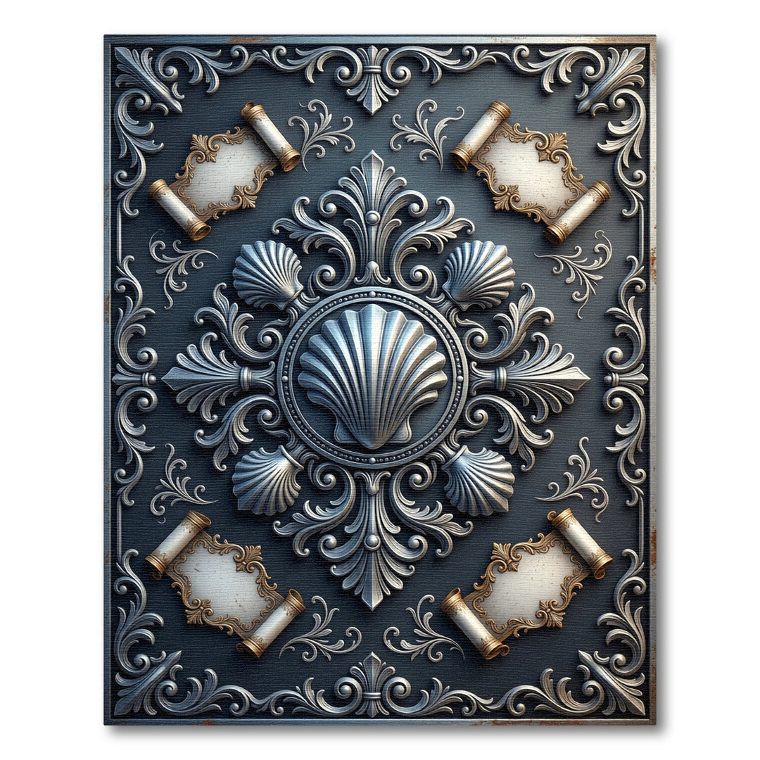 Ornate Seashell Scrollwork Emblem Rug