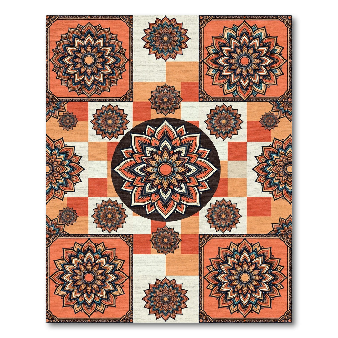 Orange Golden Mandala Checkerboard Rug
