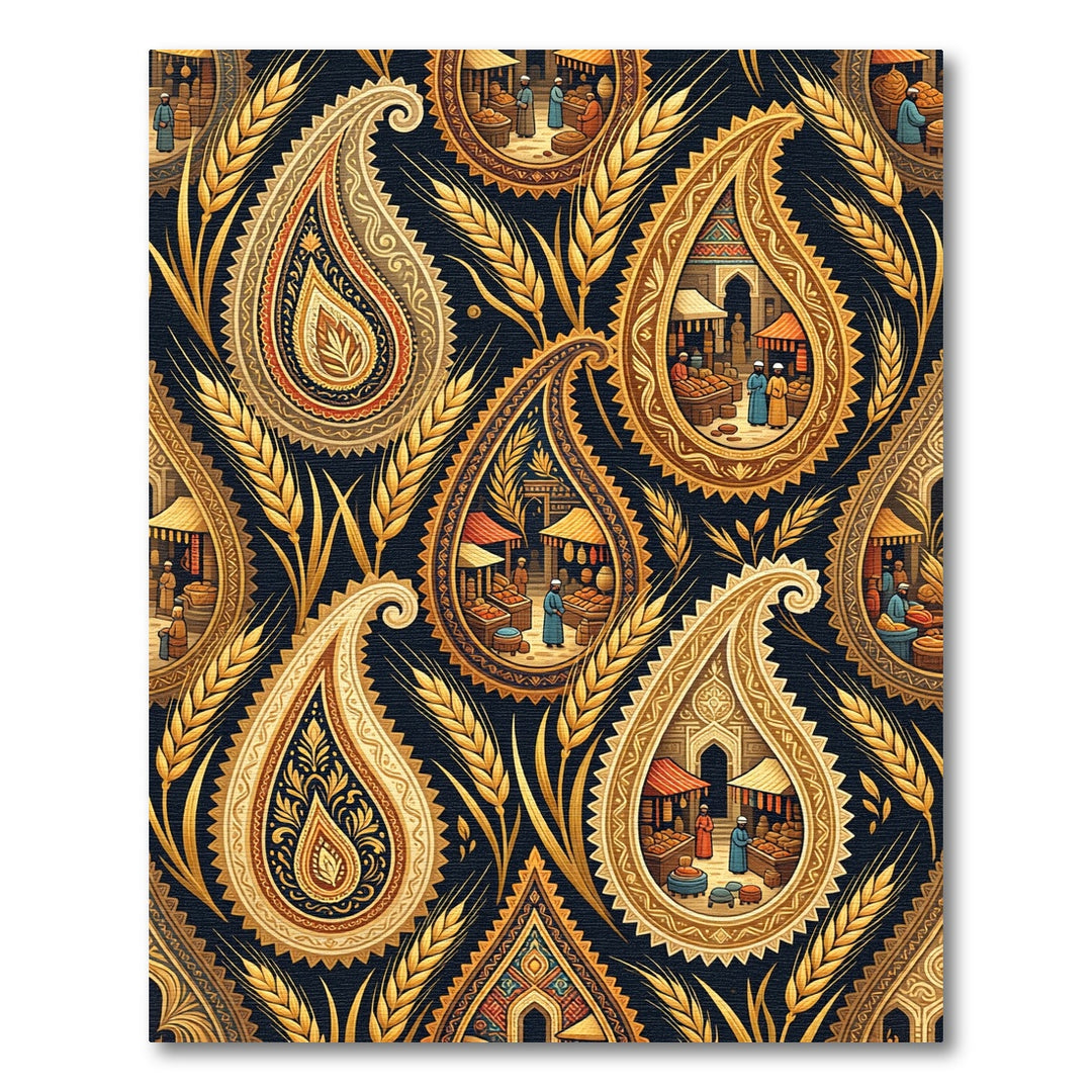 Golden Paisley Market Scene Rug