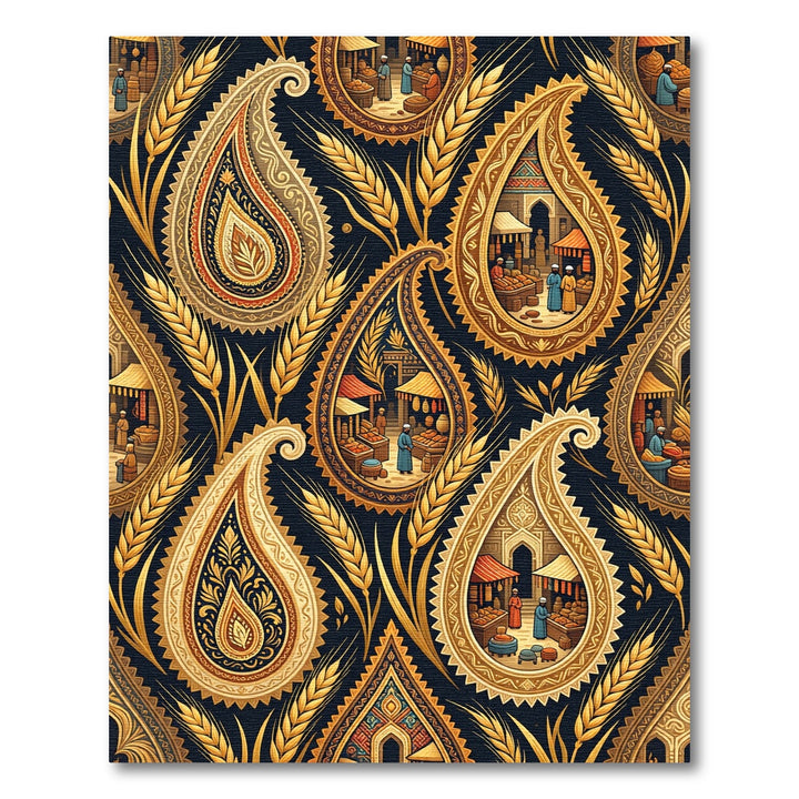 Golden Paisley Market Scene Rug