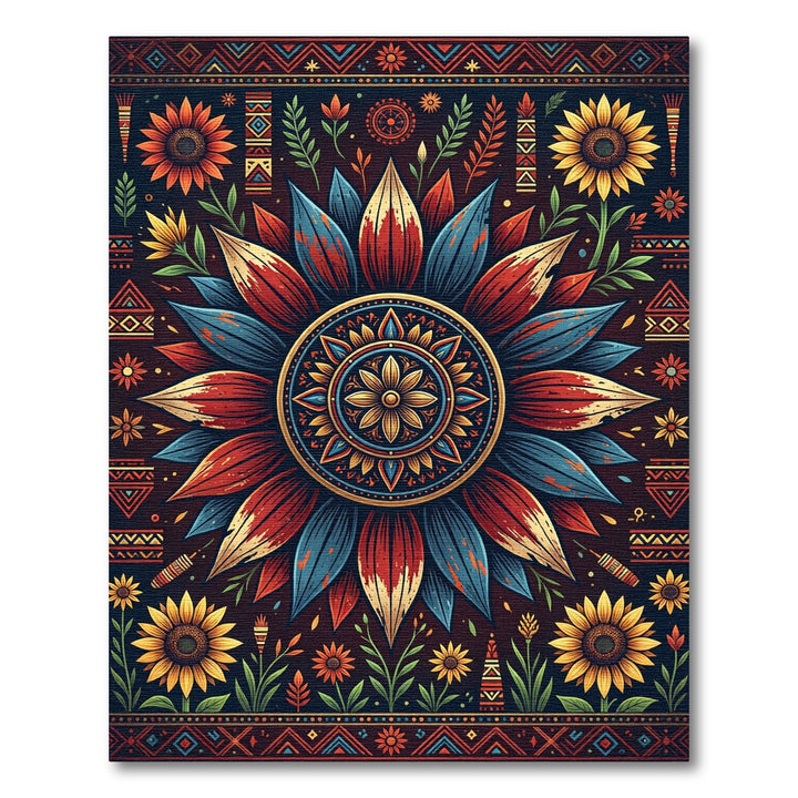 Bold Red Blue Sunflower Mandala Rug