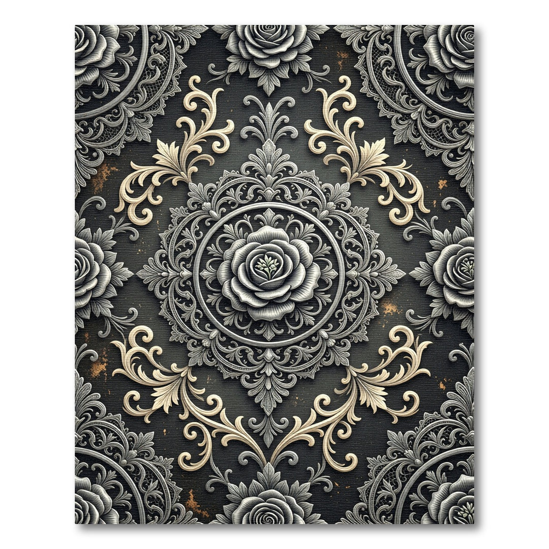 Ornate Silver Rose Mandala Rug