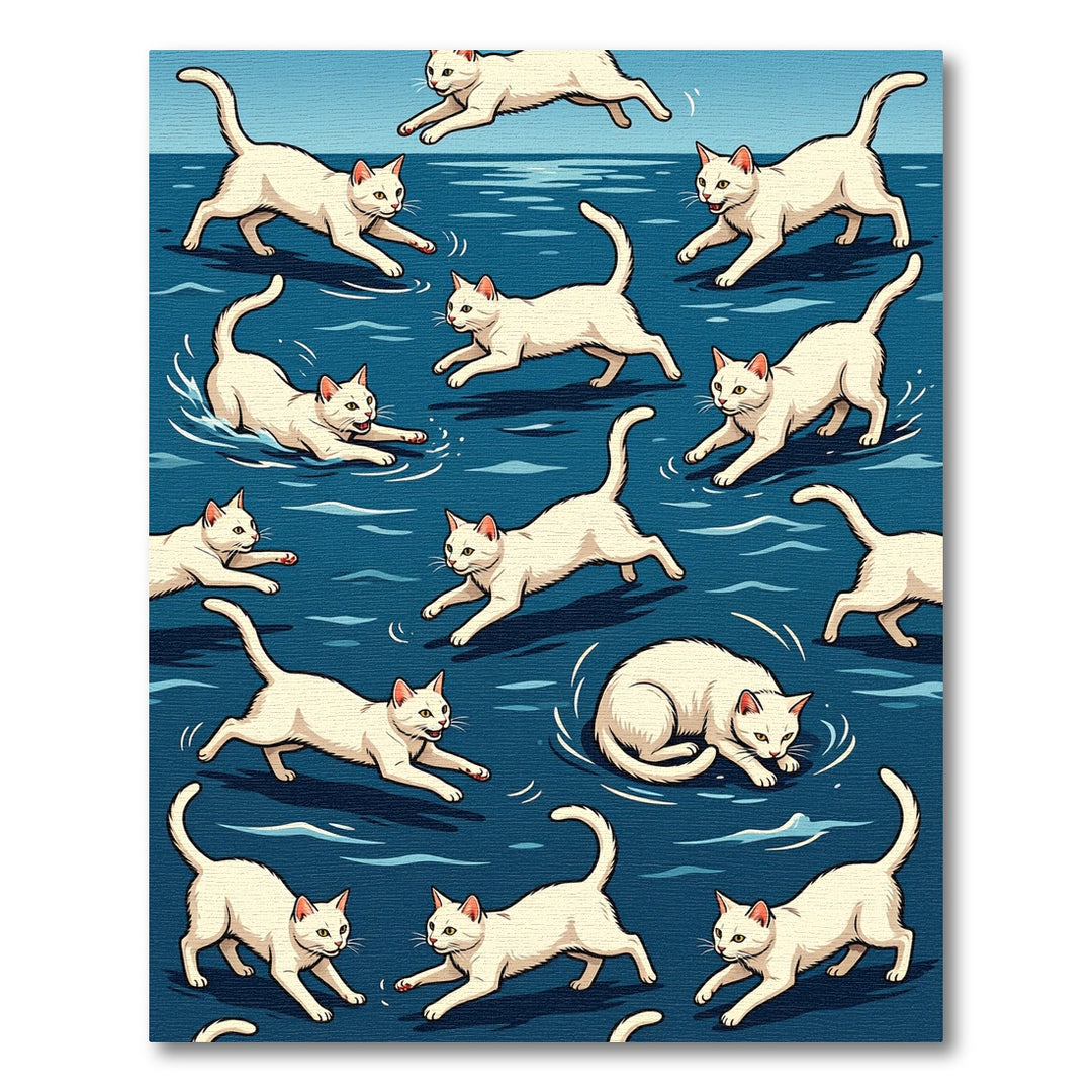 Playful White Cats Aquatic Pattern Rug