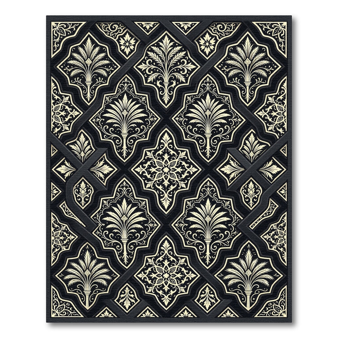 Golden Black Floral Lattice Medallion Rug
