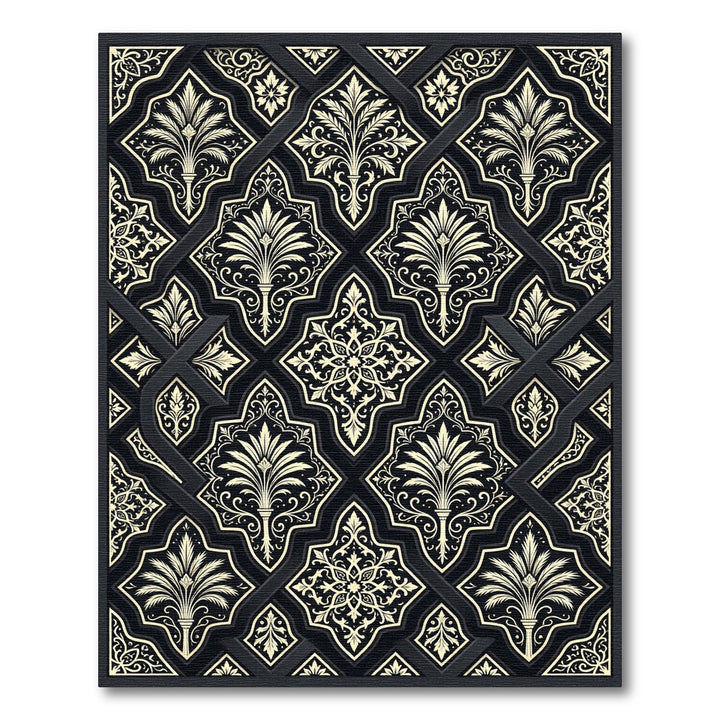 Golden Black Floral Lattice Medallion Rug