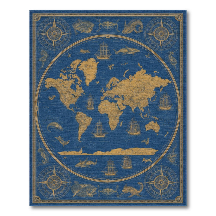 Vintage Nautical World Map Blue Area Rug