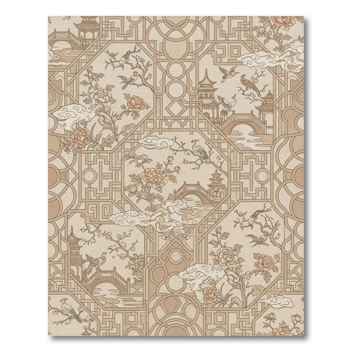 Geometric Pagoda Bird Blossom Scene Rug