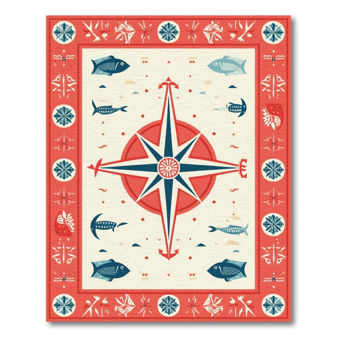 Red Nautical Compass Fish Area Rug