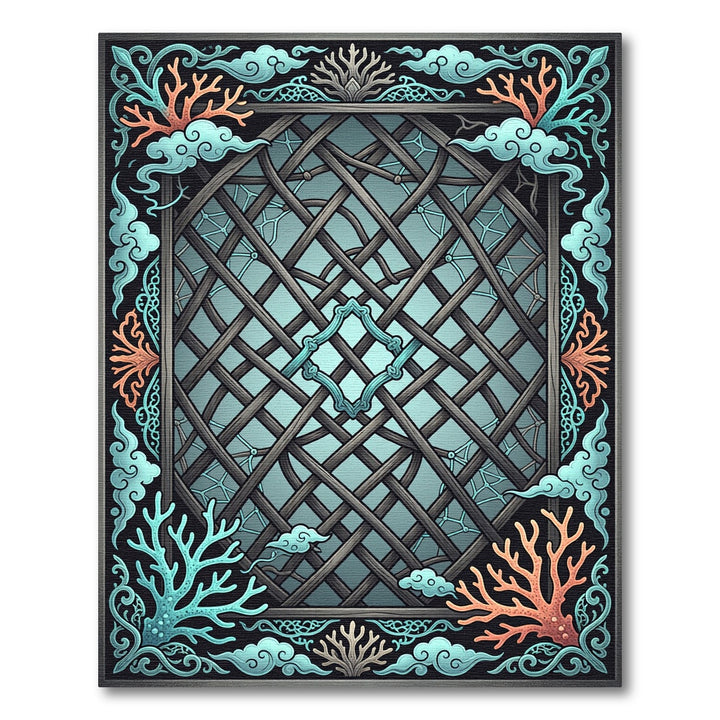 Aqua Coral Geometric Lattice Frame Rug