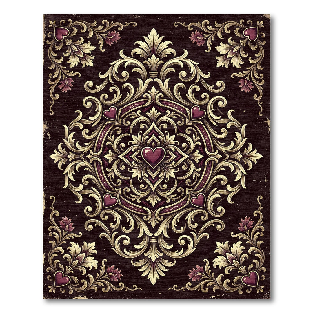 Ornate Burgundy Heart Damask Rug