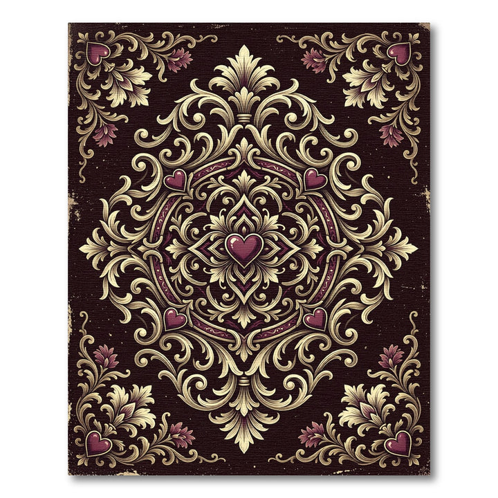 Ornate Burgundy Heart Damask Rug