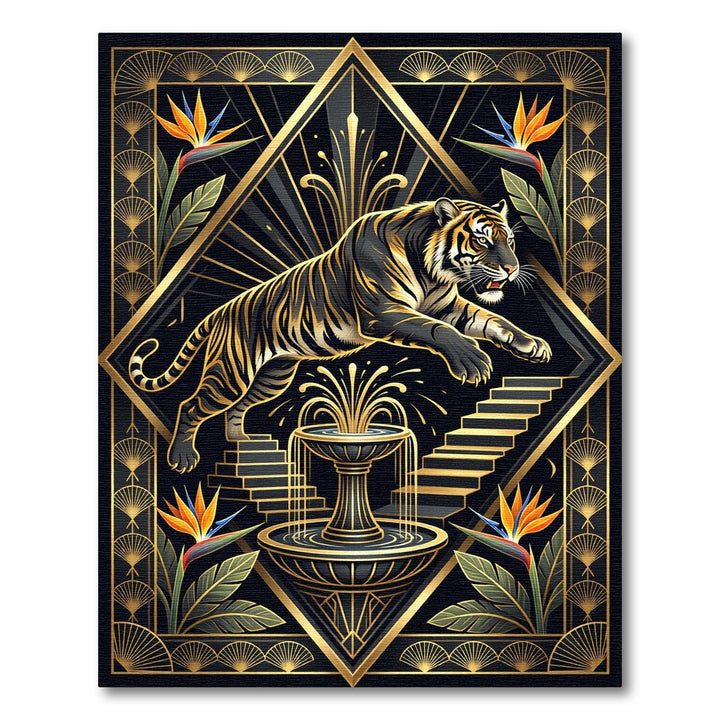 Striking Tiger Fountain Art Deco Rug