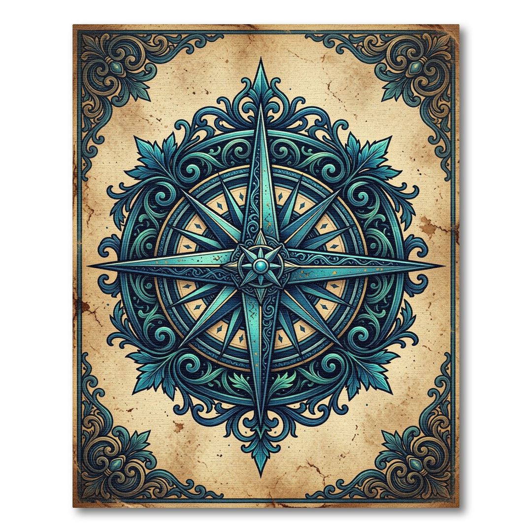Ornate Blue Compass Rose Accents Rug