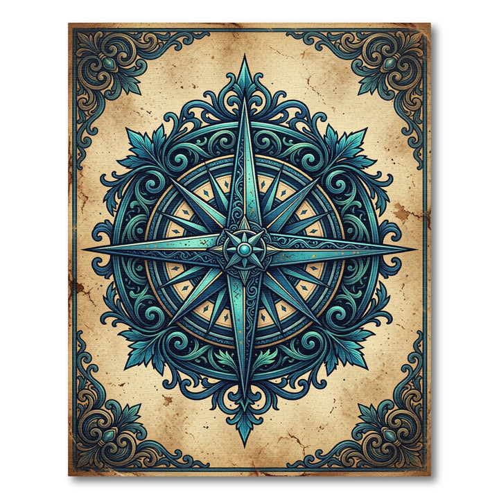 Ornate Blue Compass Rose Accents Rug