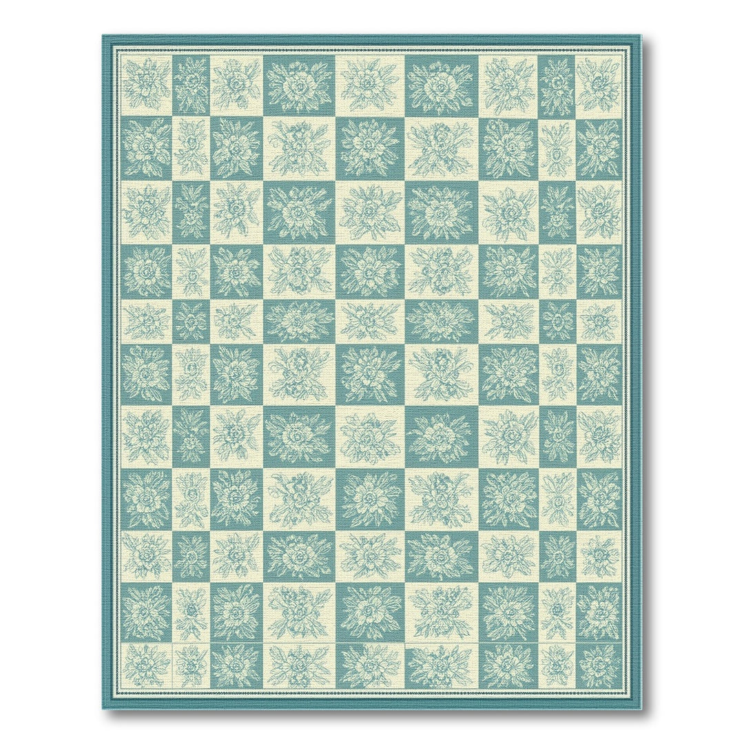 Teal Floral Checkerboard Vintage Area Rug